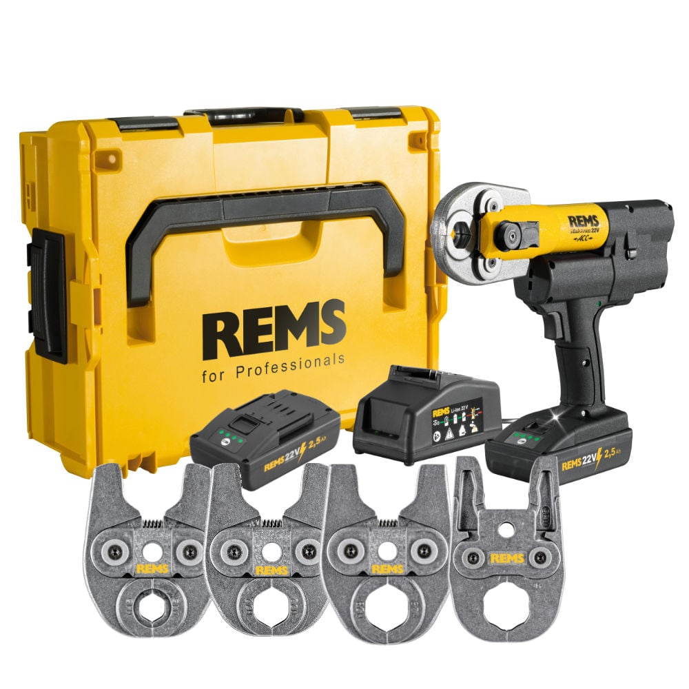 REMS 578X14 Mini-Press 22V Basic Pack with M15, M22, M28, M35 Jaws & 2x 2.5Ah Batteries