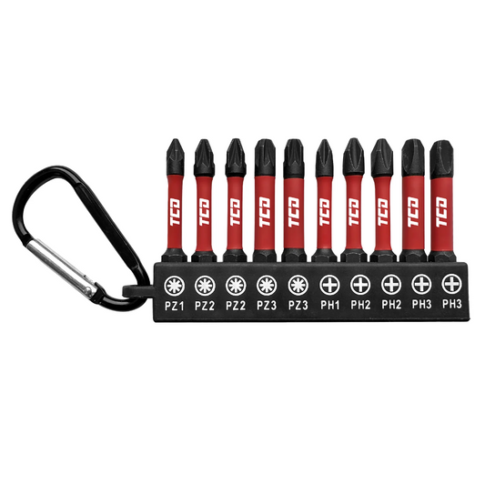 TCD Impact Driver/Screwdriver Carabiner Bit Set - 10 Piece - 57mm Bits