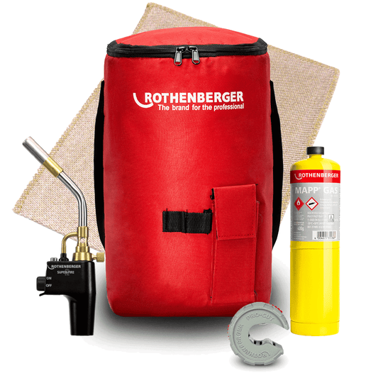 ROTHENBERGER Hot Bag Kit with SUPERFIRE Torch, 1 MAPP® Gas, 1 Pipe Cutter 15mm and 1 Soldering Mat