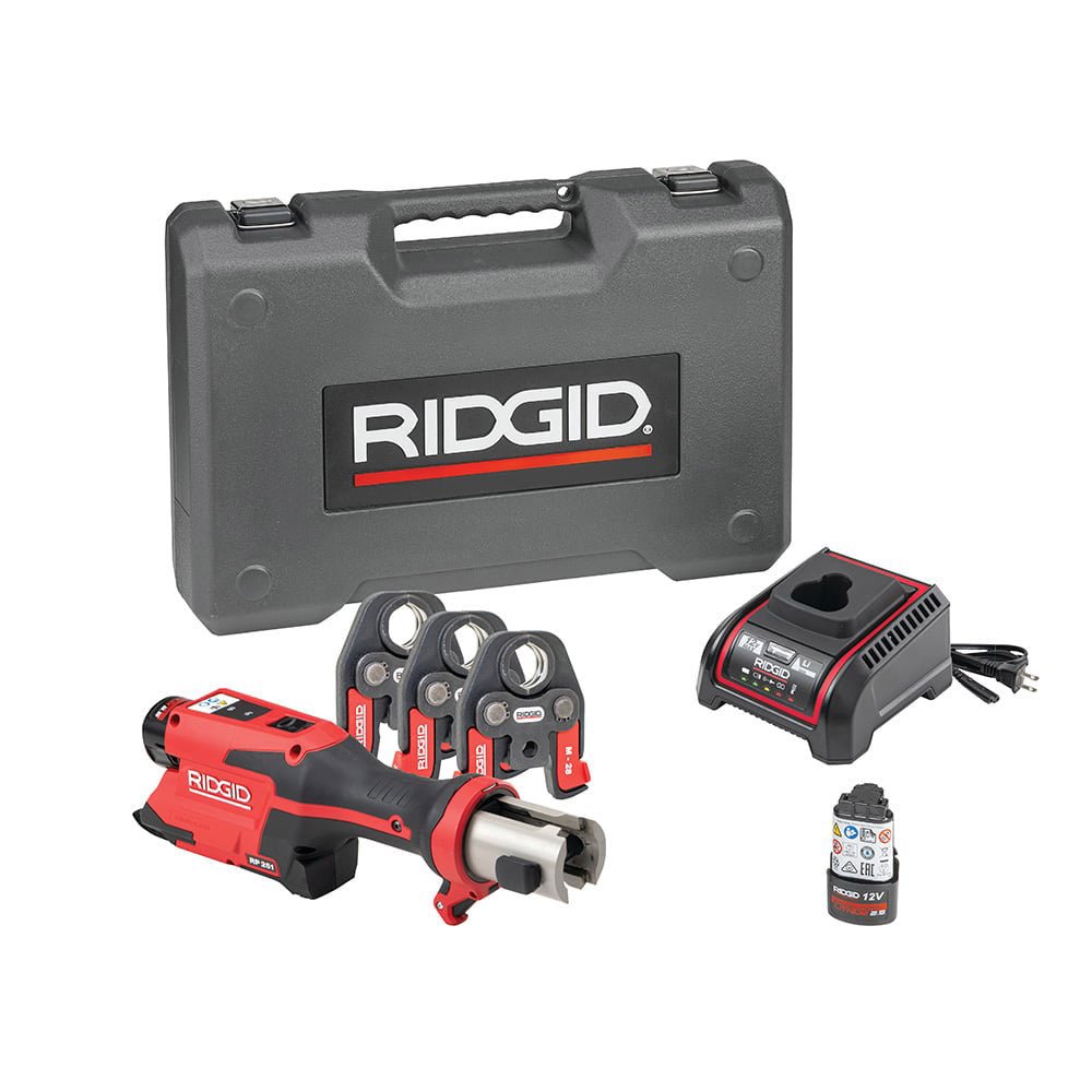 RIDGID RP 251 Press Tool Kit with M-Profile Jaws (15, 22, 28mm) – 12V Battery & Charger