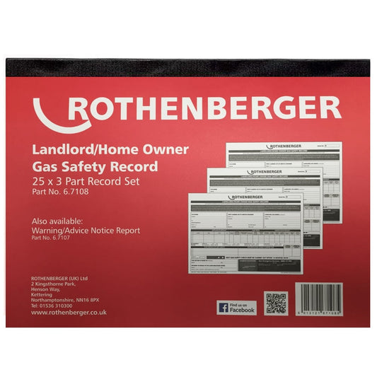 Rothenberger Gas safety certificate record pad (25 x 3 Part)